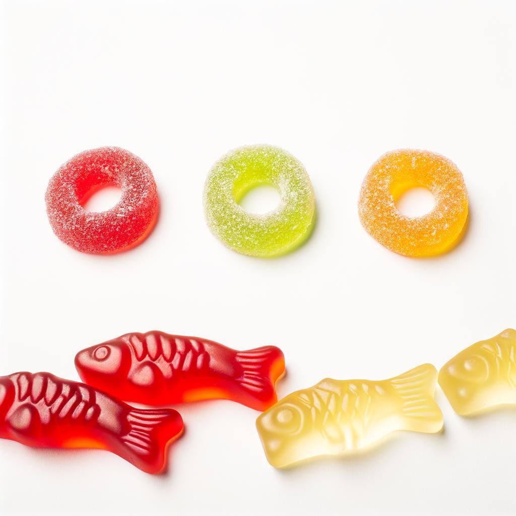 a picture that has swedish fish and gummy bears and peach rings on a white background-1