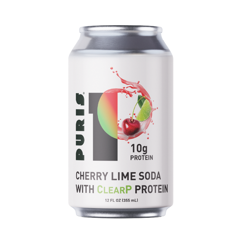 Cherry lime soda can with PURIS logo.